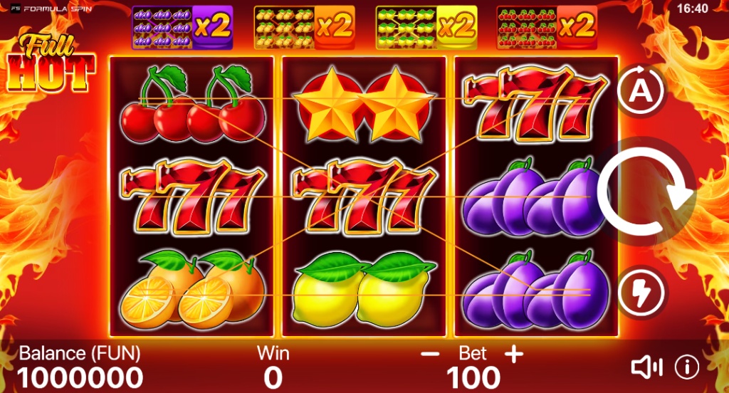 The 5x3 game grid of the Full Hot slot, featuring classic fruit, star, and seven symbols, with the x2 full-reel multiplier feature displayed above.