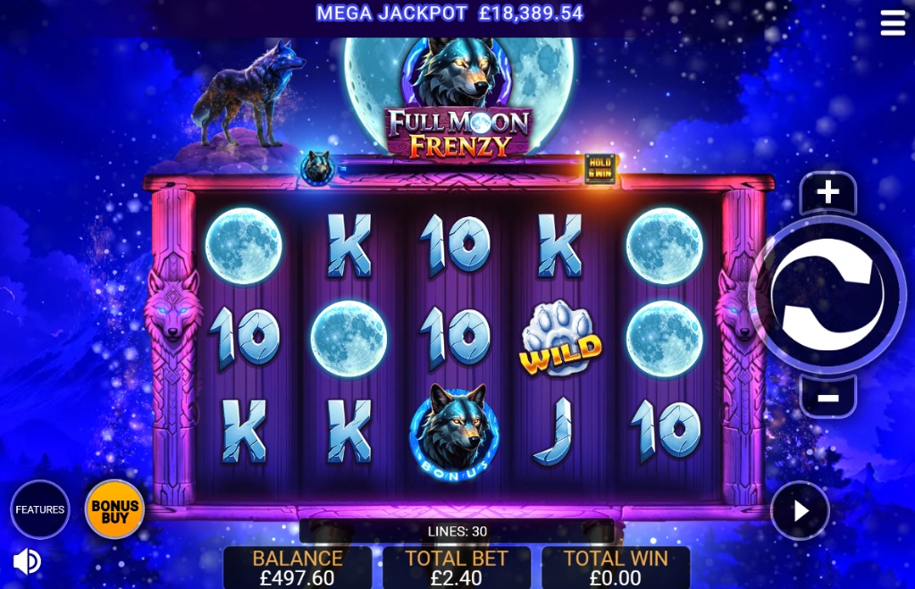 A screenshot of the Full Moon Frenzy slot by Arrow's Edge, showing the 5-reel, 3-row basic gameplay with symbols on the screen.