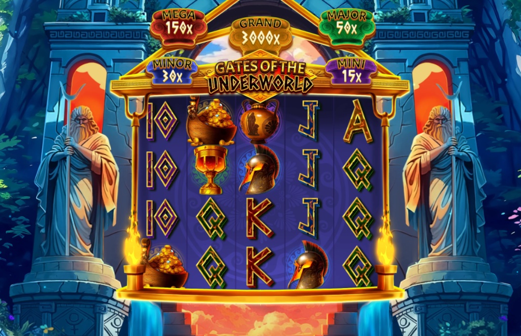 Gates of the Underworld slot base game view with the 5x3 reel layout and jackpot prizes displayed.