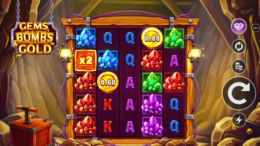 The main game grid of the Gems, Bombs & Gold slot, showing a cluster of symbols and a multiplier wild.