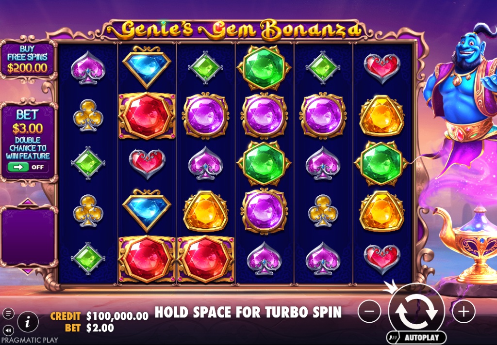 The main 6x5 game grid of the Genie's Gem Bonanza slot, showing the colorful gem symbols, the genie character, and the 'Buy Free Spins' feature option on the left.