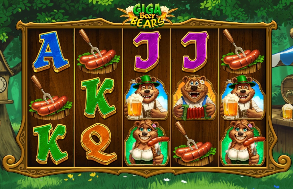 The main 5x3 reel grid of the Giga Beer Bears slot, showcasing the bear and sausage symbols during base gameplay.