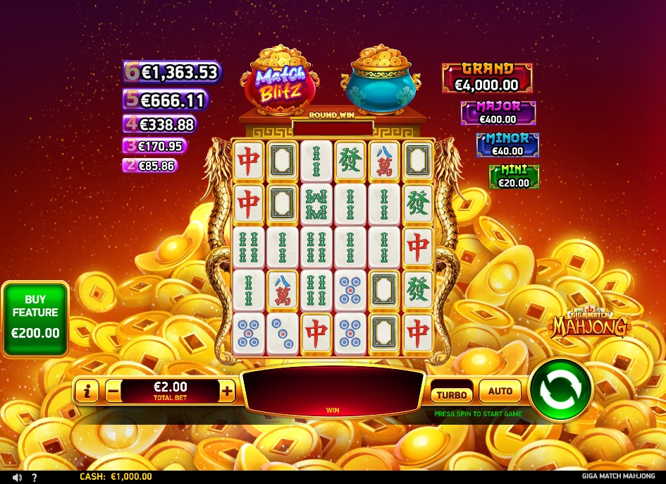 The main 6x5 game grid of the Giga Match Mahjong slot, showing the mahjong tile symbols and jackpot values.