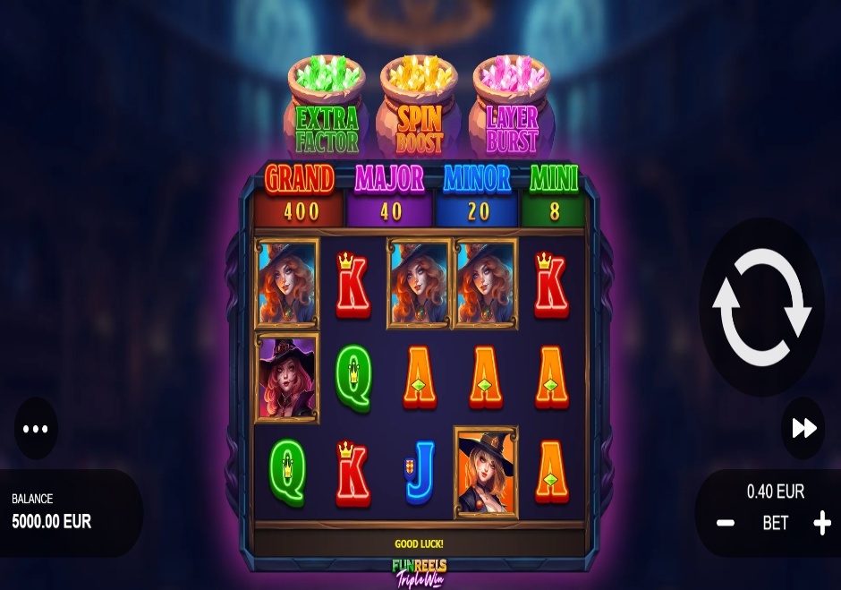 The 5x3 main game grid of Giselle The Fortune Witch, showing the witch character symbols and the jackpot values above the reels.