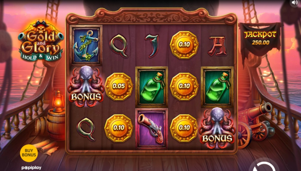The base game grid of the Gold and Glory slot, showing symbols on the 5x3 reels aboard a pirate ship.