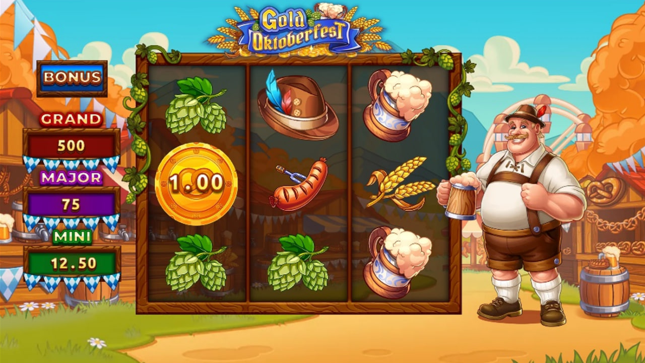 The main 3x3 game grid of the Gold Oktoberfest slot, showing festival symbols and the jackpot values.