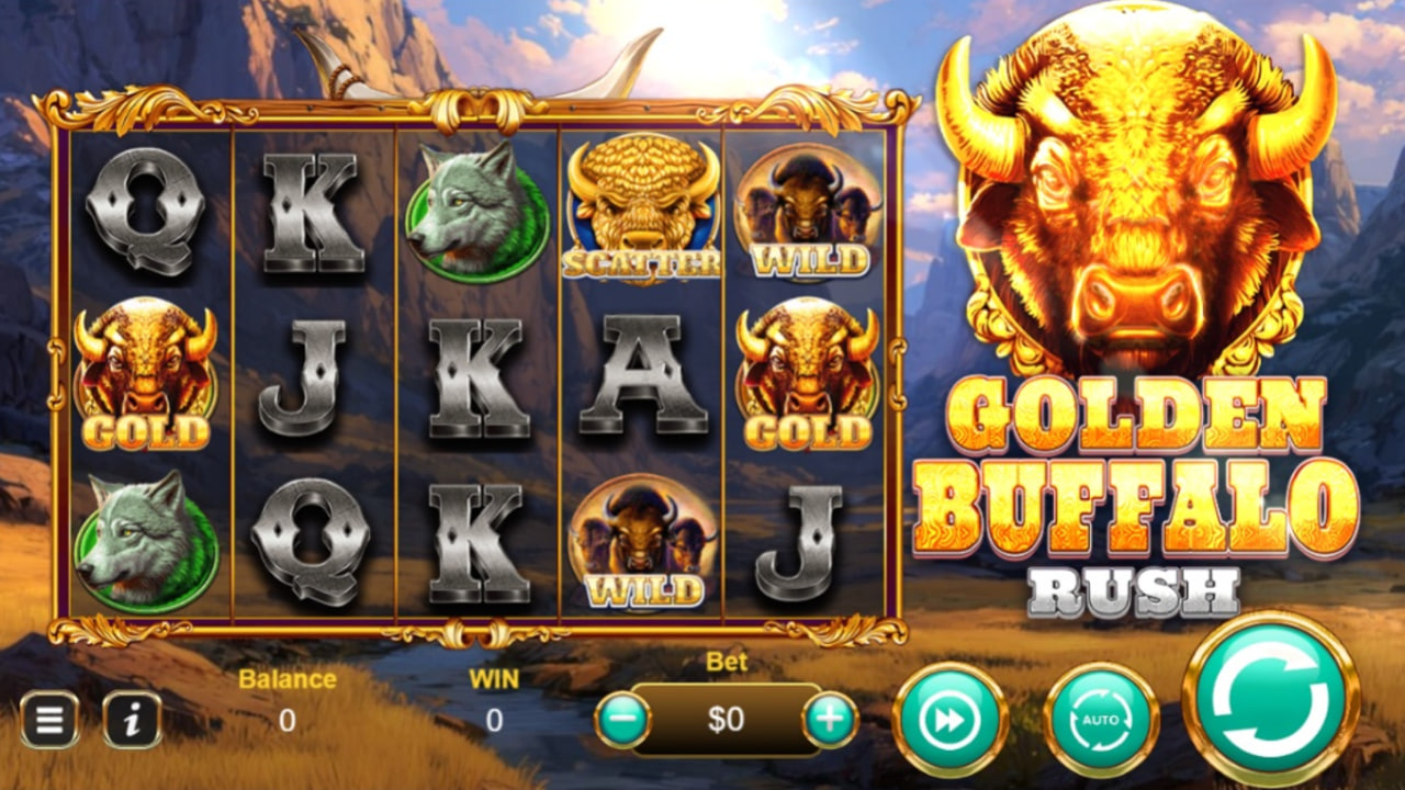 Golden Buffalo Rush slot base game with a wild buffalo symbol on the reels