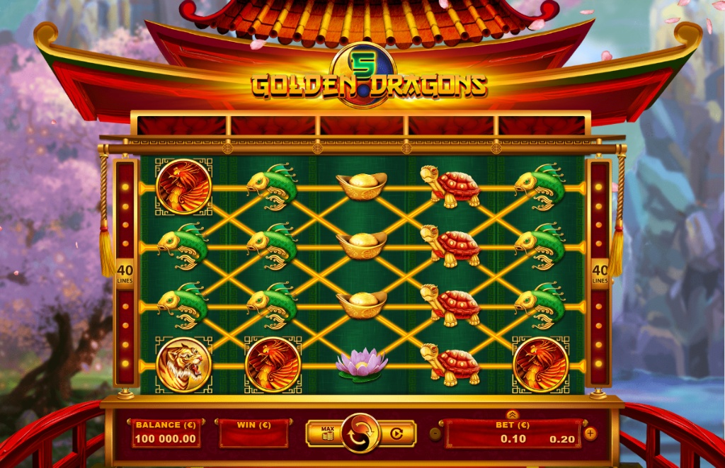 The 5x4 game grid of the Golden Dragons 5 slot, showcasing the Asian-themed symbols and 40 paylines.

