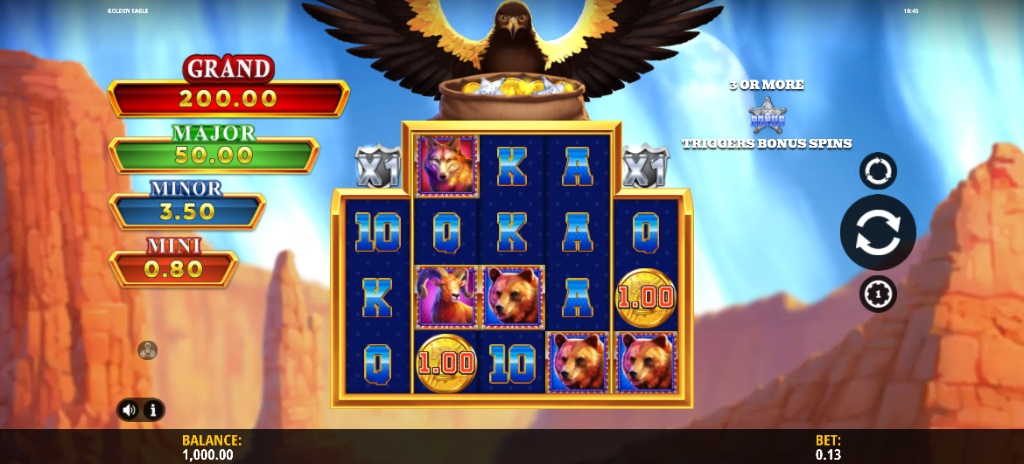 The main game grid of the Golden Eagle slot, showing the 5x4 reels, animal symbols, and the four fixed jackpot levels.
