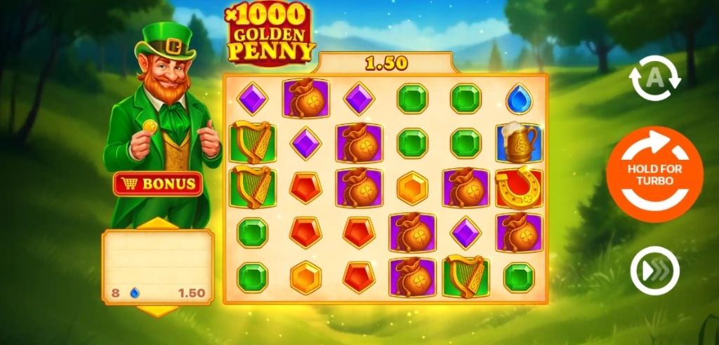 Golden Penny x1000 slot gameplay with leprechaun, gemstones, and special symbols on a 6x5 grid.