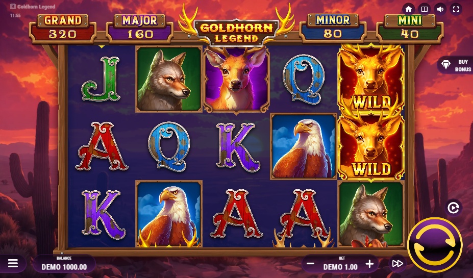 The base game grid of the Goldhorn Legend slot, showing wildlife symbols and the four jackpot values above the reels.