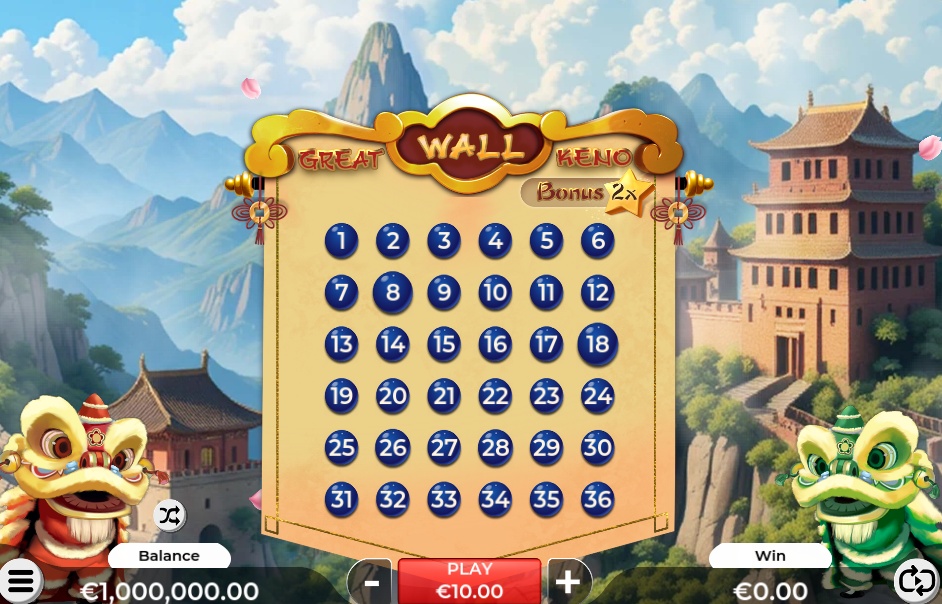 The main game board of Great Wall Keno, showcasing the 36-number grid and the serene Great Wall backdrop.