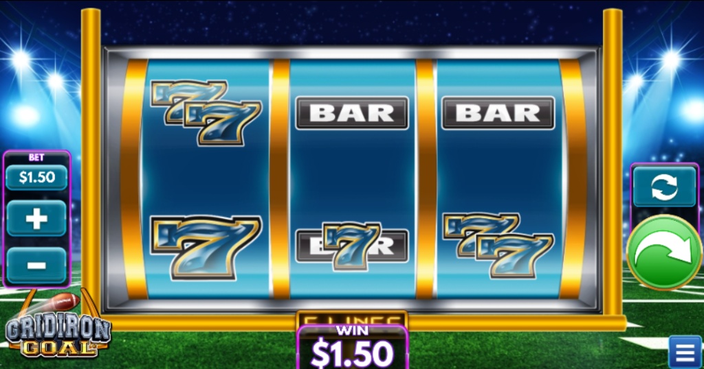 The main 3x3 grid of the Gridiron Goal slot, showing classic symbols on a football field background.