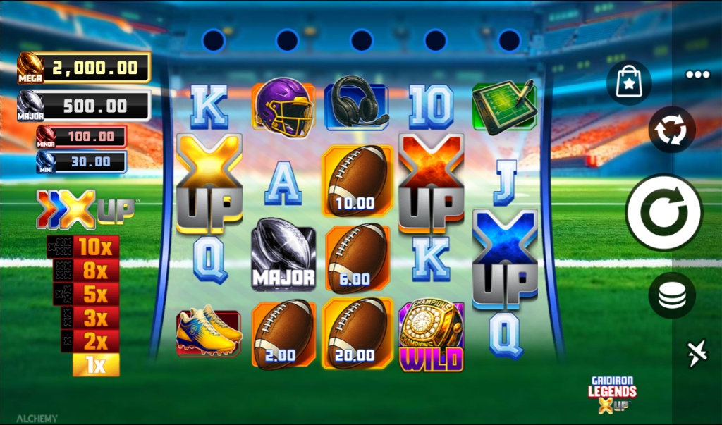 The main game grid of the Gridiron Legends X UP slot, showing the reels, symbols, and the X UP multiplier trail.