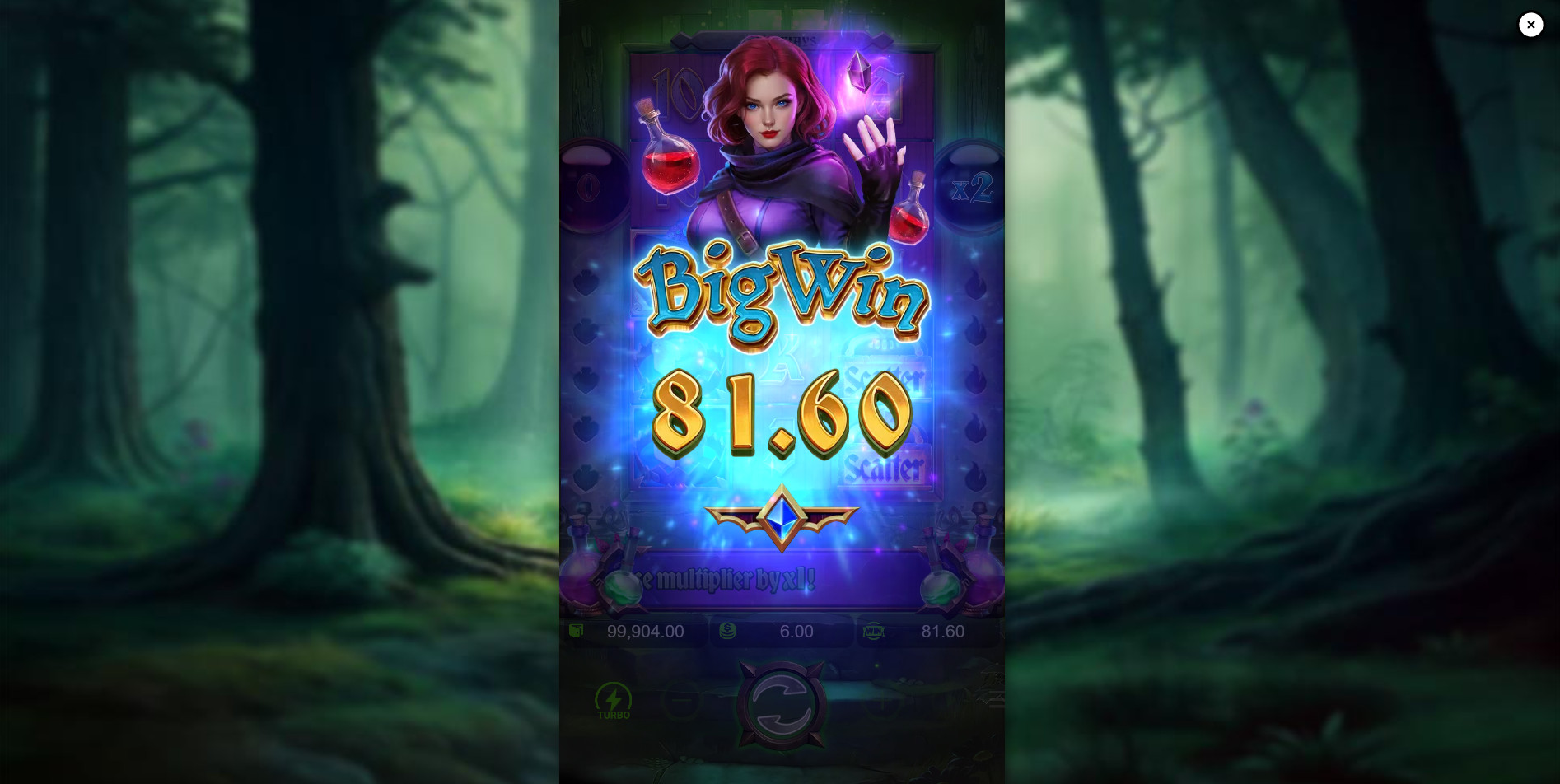 A Big Win screen inside the Grimms' Bounty Free Spins feature, illustrating the game's massive payout potential with a high multiplier.