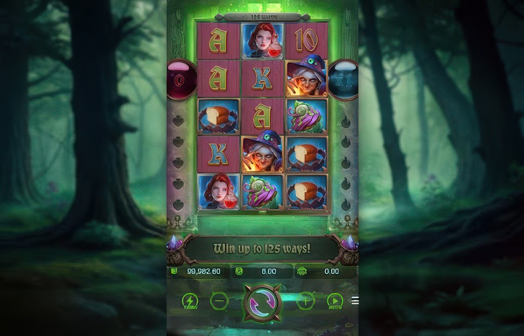 The mobile interface of the Grimms' Bounty: Hansel & Gretel slot, showing its 5x3 grid set in a dark fairy tale forest.
