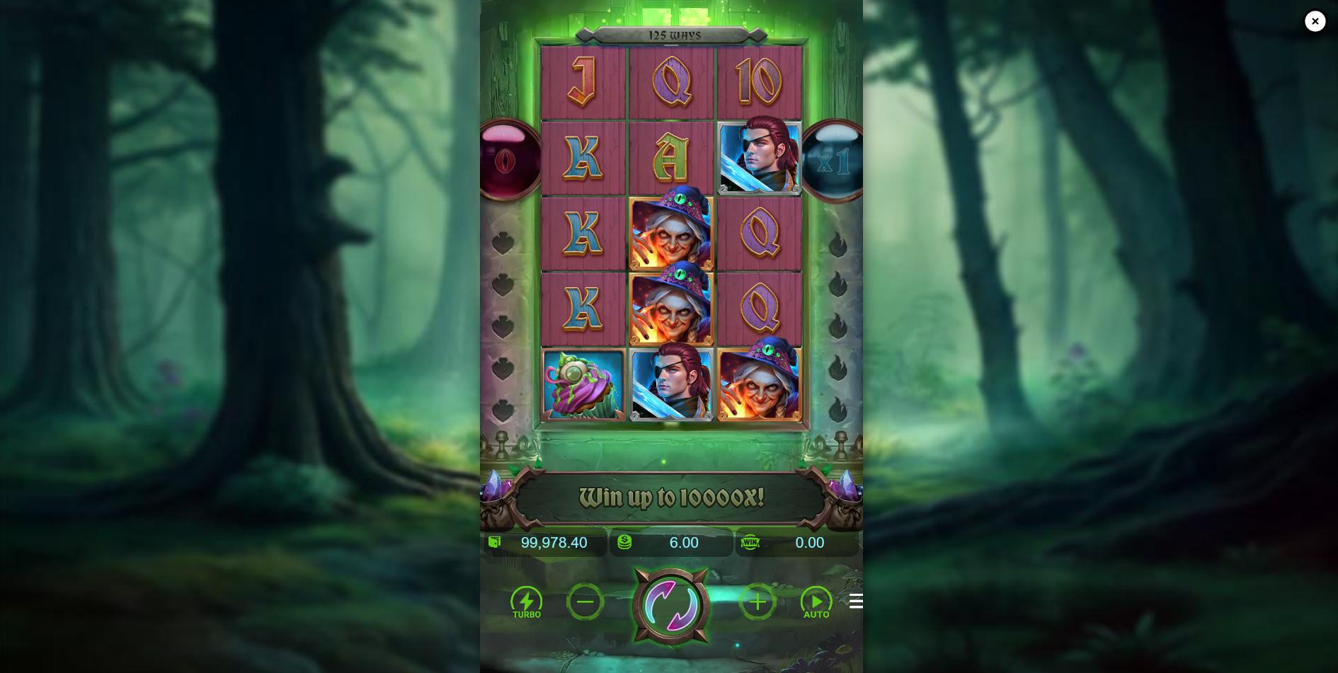 The 3x5 game grid of Grimms' Bounty: Hansel & Gretel, showing the Hansel, Gretel, and Witch symbols against a dark forest backdrop.