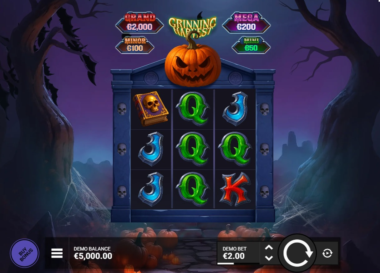 The base game grid of the Grinning Harvest slot, showing the 3x3 layout and spooky Halloween theme.