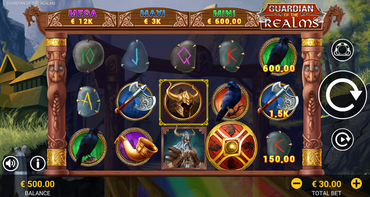 The 5x3 reel layout of the Guardian of the Realms slot, showing the Norse mythology theme and game symbols.