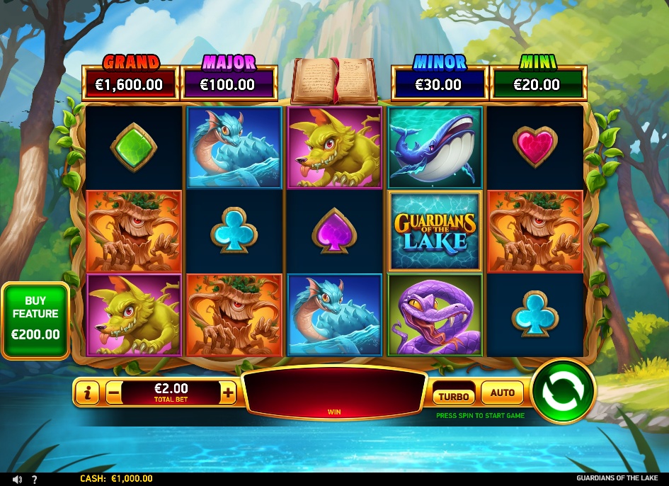 The main 5x3 reel grid of the Guardians of the Lake slot, showcasing the various monster symbols and the four fixed jackpots above.