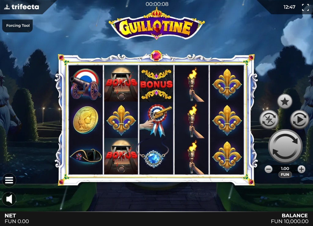 The 5x3 reel layout of the Guillotine slot by Trifecta Gaming during base gameplay, showing historical symbols.