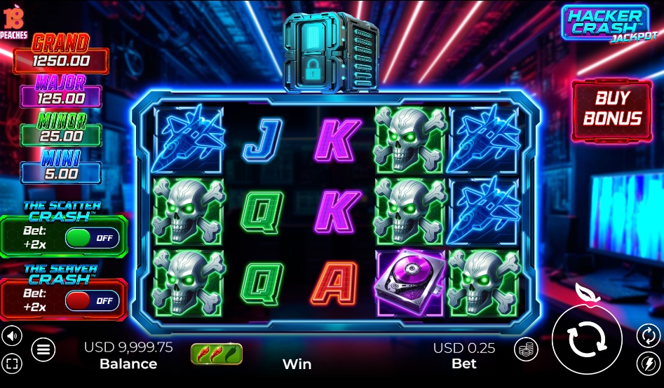 The base game grid of the Hacker Crash Jackpot slot, showing the reels and cyberpunk-themed symbols.