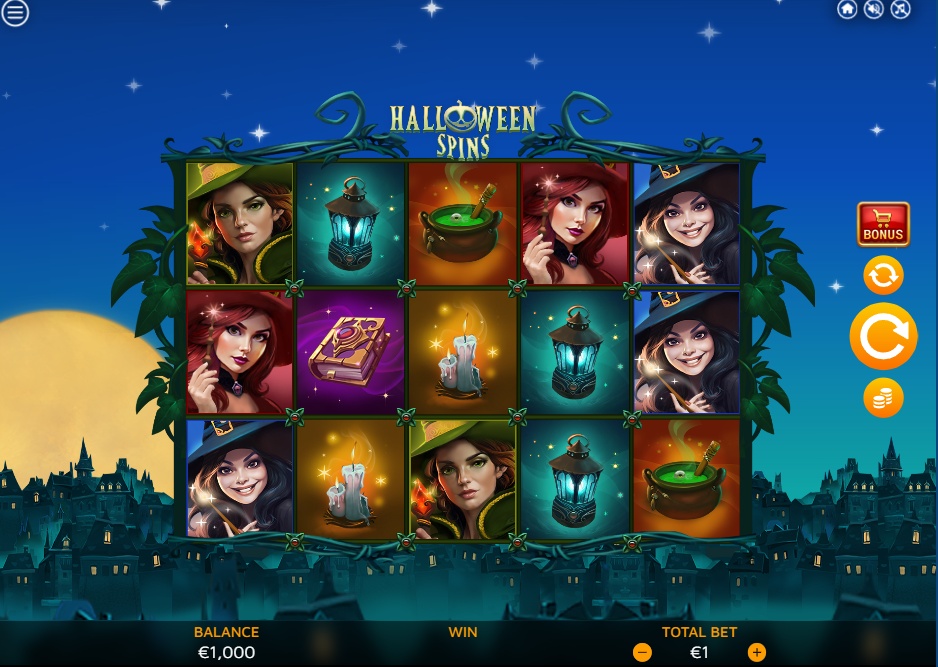 The base game screen of the Halloween Spins slot, featuring a 5x3 grid with witch and magic symbols, set against a spooky town backdrop.