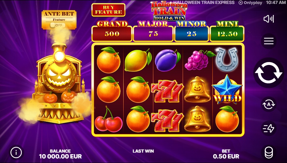 The main 5x3 game grid of the Halloween Train slot, showing the classic fruit symbols and the four jackpots above the reels.