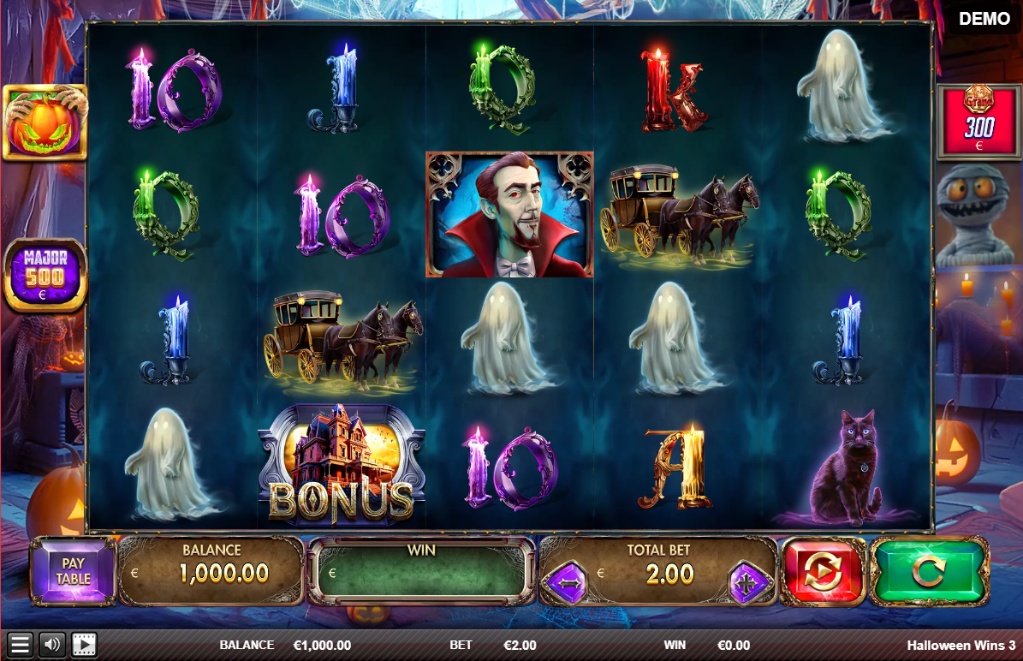 The main 5x4 game grid of the Halloween Wins 3 slot, showing Dracula, ghost, and bonus symbols on the reels.