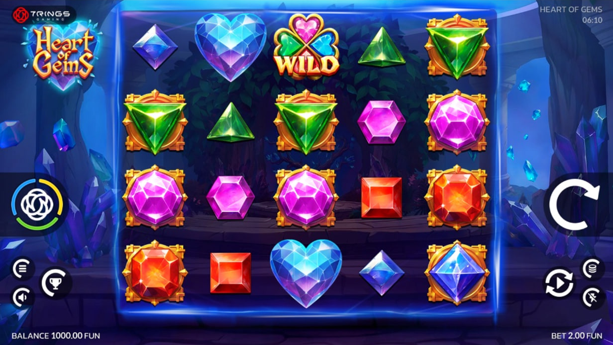 Heart of Gems slot gameplay screenshot showing the 5x4 grid filled with sparkling jewel symbols and a Wild symbol.