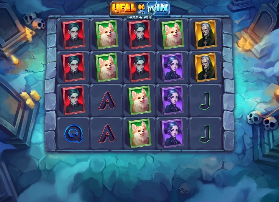 The 5x4 reel grid of the Hell or Win slot, showcasing the main character symbols and paylines during base gameplay.