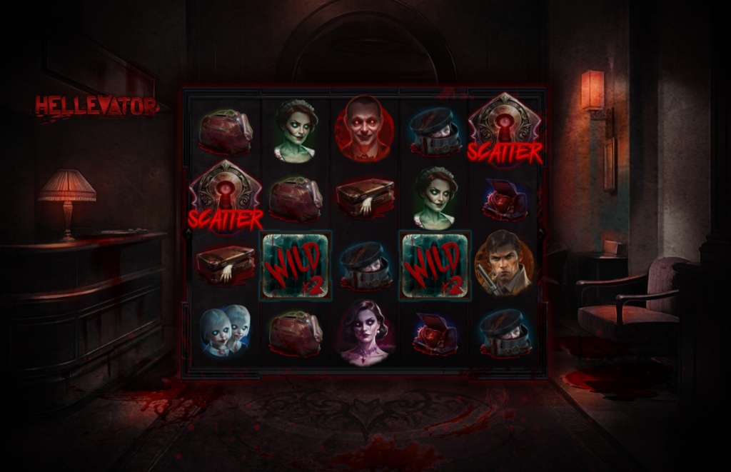 A full-view screenshot of the Hellevator slot's 5x3 base game grid, showcasing the dark, mysterious hotel setting and character symbols.