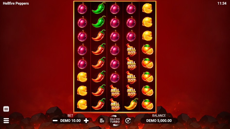 The main 5x5 reel grid of the Hellfire Peppers slot, showing the fruit and pepper symbols during base gameplay.