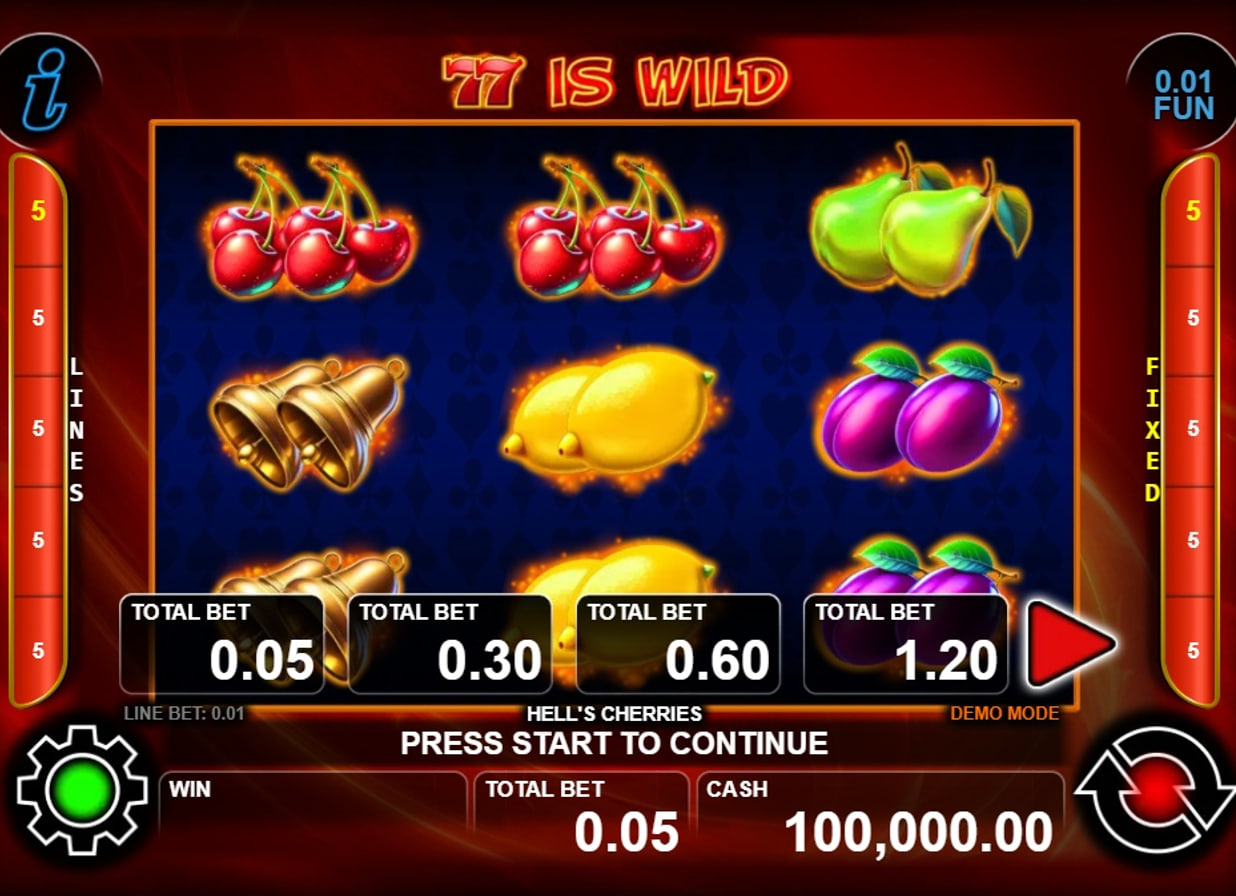 The base game screen of Hell's Cherries slot, showing the 3x3 reel layout and fiery theme.