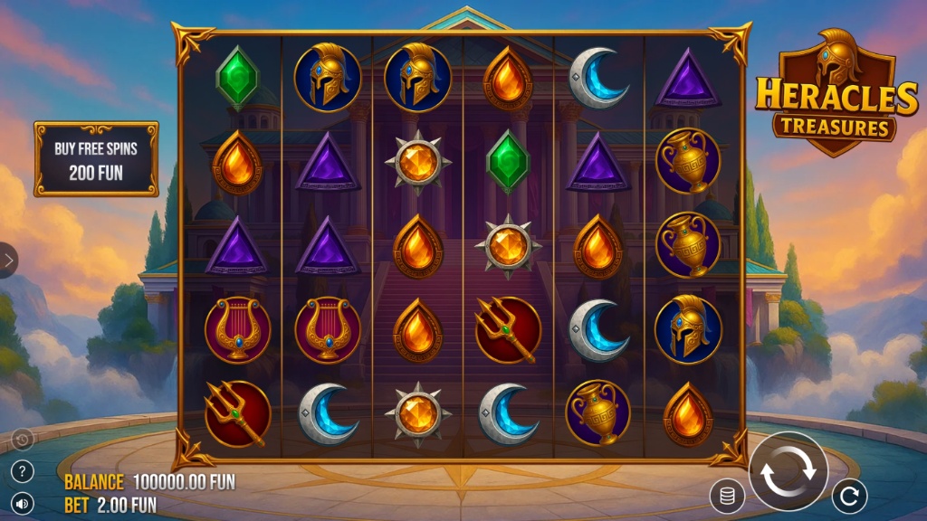Heracles Treasures slot demo basic gameplay with a 5x6 grid and Buy Free Spins feature.