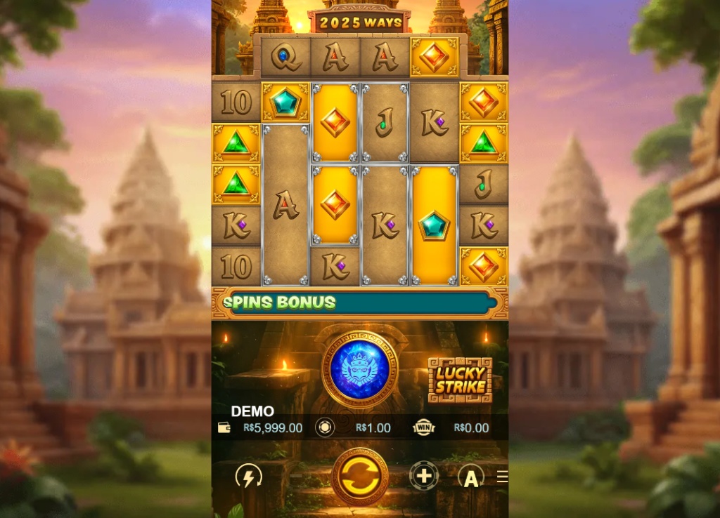 The main gameplay grid of the Hiyas Gems slot, showing the dynamic reel layout and ancient temple theme.