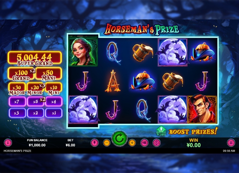 The base game grid of the Horseman's Prize slot, showing the 5x3 reel layout and the jackpot prize meter on the left.