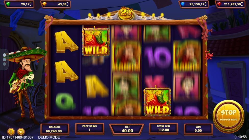 Gameplay inside the Hot Muchacho free spins round showing locked Sticky Wilds on the reels.