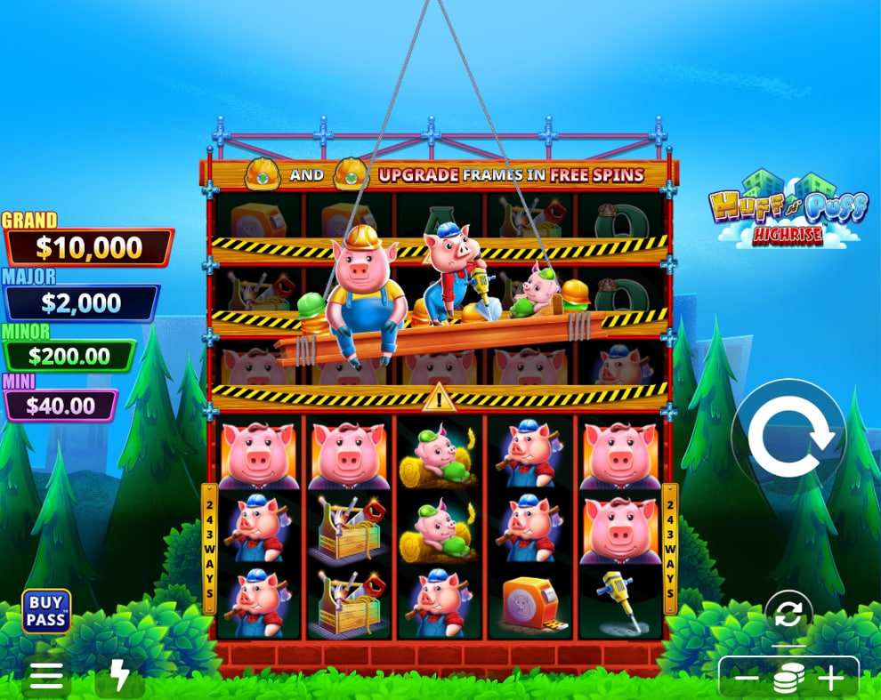 The main 5x3 game grid of the Huff N’ Puff Highrise slot, showing the pig construction worker symbols and 243 ways to win.