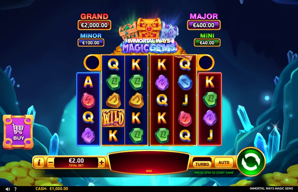 Immortal Ways Magic Gems slot gameplay screenshot showing the 6x5 grid with precious gem symbols and fixed jackpot prizes.