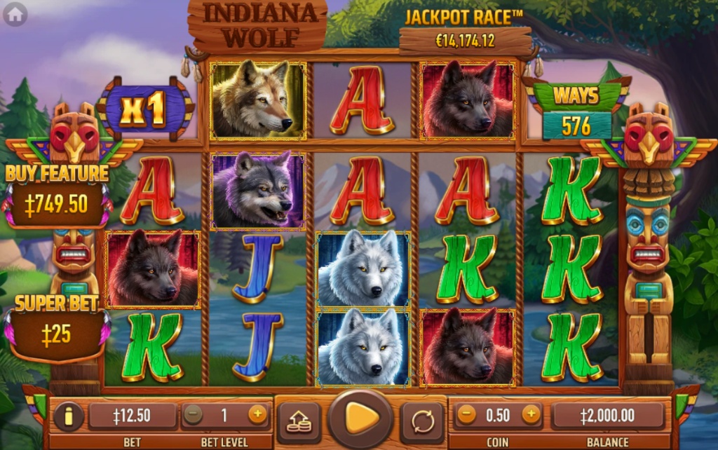 A screenshot of the Indiana Wolf slot showcasing the 5x3 reel layout, a totem pole with a 1x multiplier, and the Jackpot Race counter.