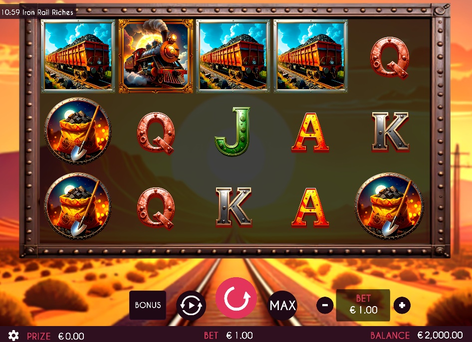 The main 5x3 reel layout of the Iron Rail Riches slot, showing game symbols against a desert railway backdrop.