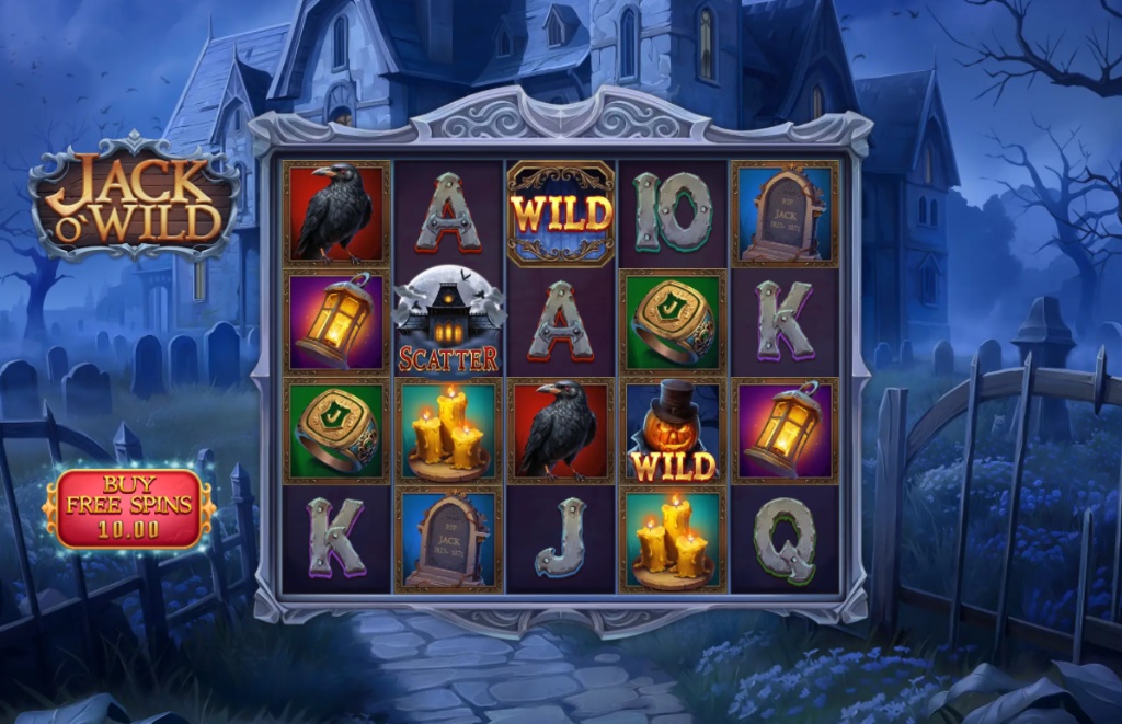 The main 5x3 game screen of the Jack O'Wild slot demo, showing the haunted house background and Halloween-themed symbols on the reels.