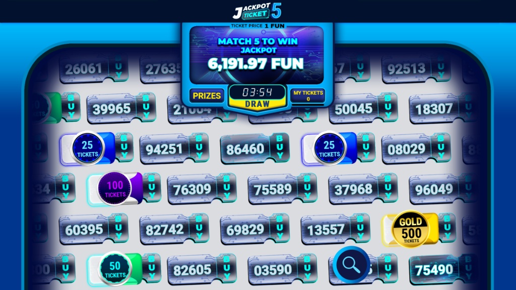 The main game screen of Jackpot Ticket 5, displaying the grid of numbered tickets available for purchase and the countdown timer for the next draw.