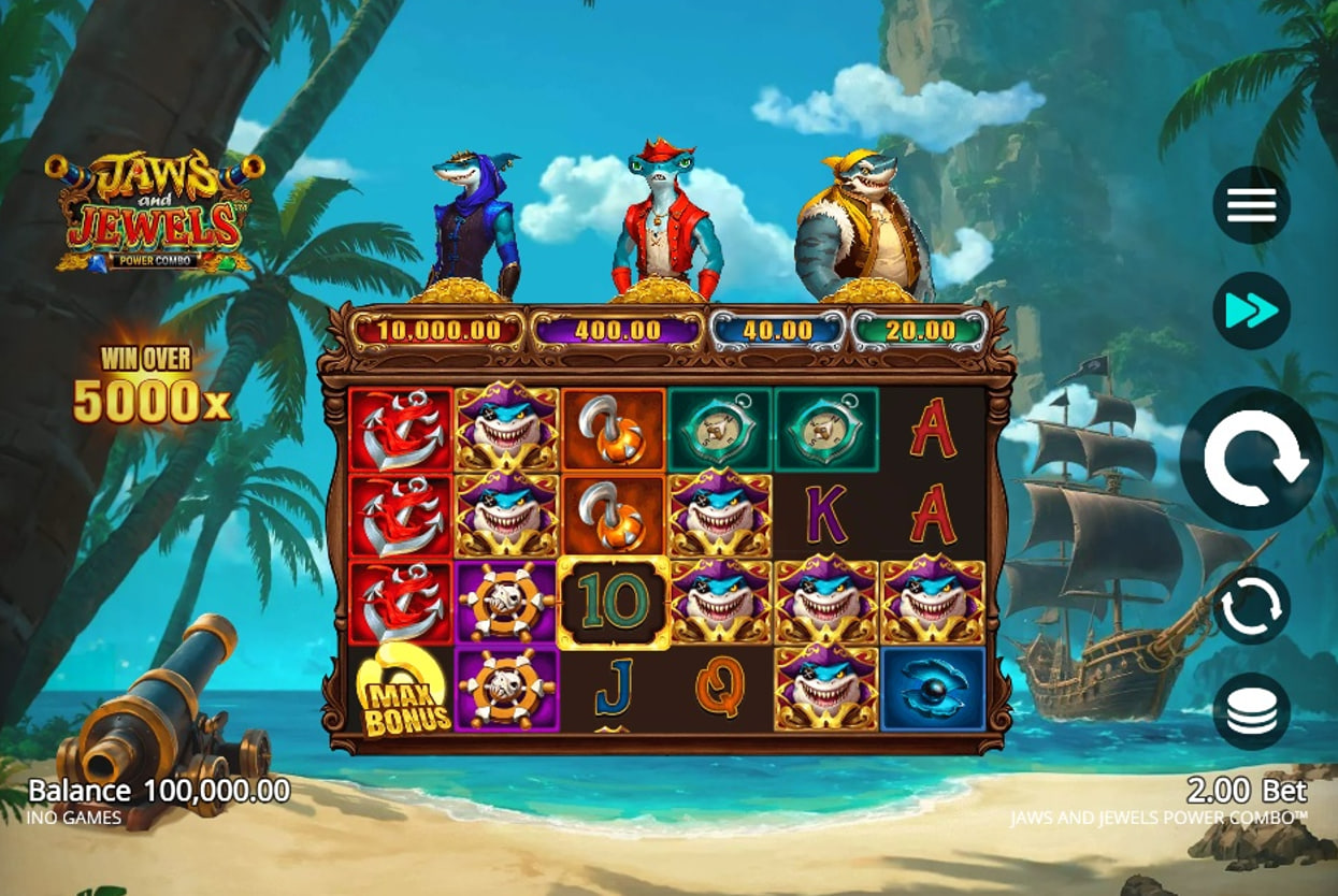 The base game grid of the Jaws and Jewels Power Combo slot, showing the shark pirate symbols and jackpot displays.