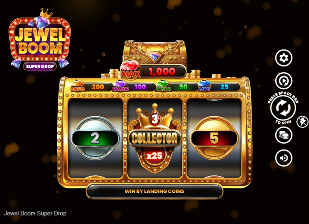 The 3x1 reel layout of the Jewel Boom Super Drop slot, highlighting the central 'Collector' feature and the five fixed jackpot prizes displayed above the grid.