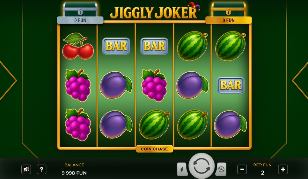 The base game grid of the Jiggly Joker slot, showing the 5x3 reel layout and classic fruit symbols.