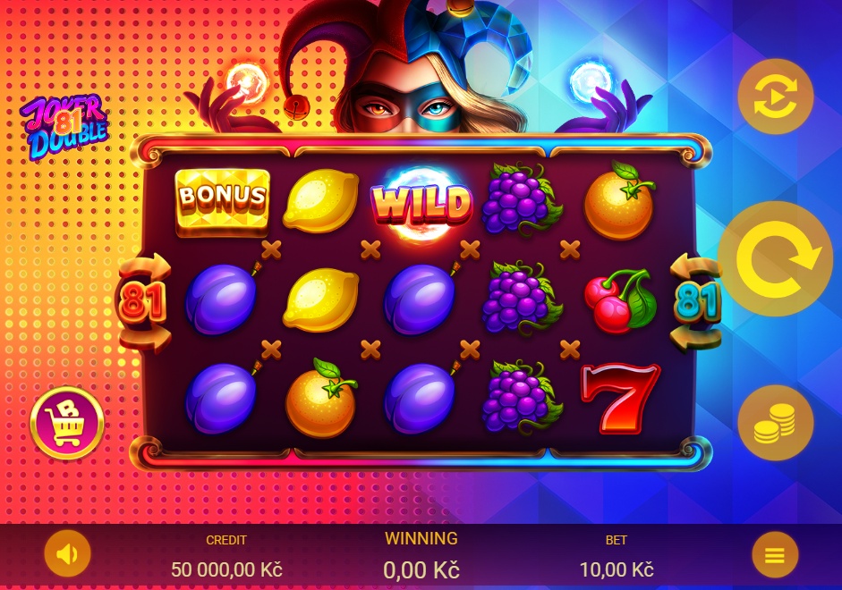 The main 4x3 reel layout of the Joker Double 81 slot game, showing fruit, Wild, and Bonus symbols.