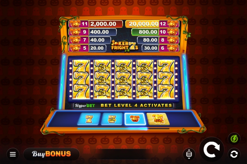 The main 5x3 game grid of Joker Fright 7s, showcasing the Halloween theme with pumpkin backgrounds and classic slot symbols.