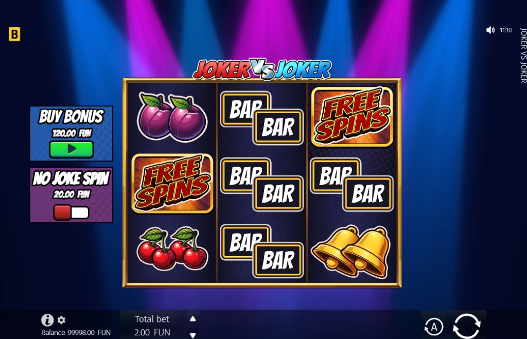 The 3x3 game grid of the Joker vs Joker classic slot, featuring traditional symbols like BARs and fruits, as well as a prominent "Free Spins" symbol and a "Buy Bonus" option.